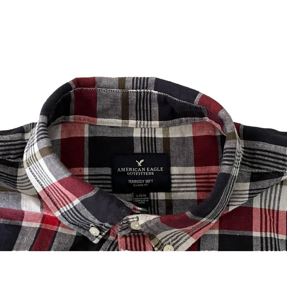 American Eagle Sz L Mens Seriously Soft Classic Fit Long Sleeve Blue Red Plaid - Picture 5 of 9